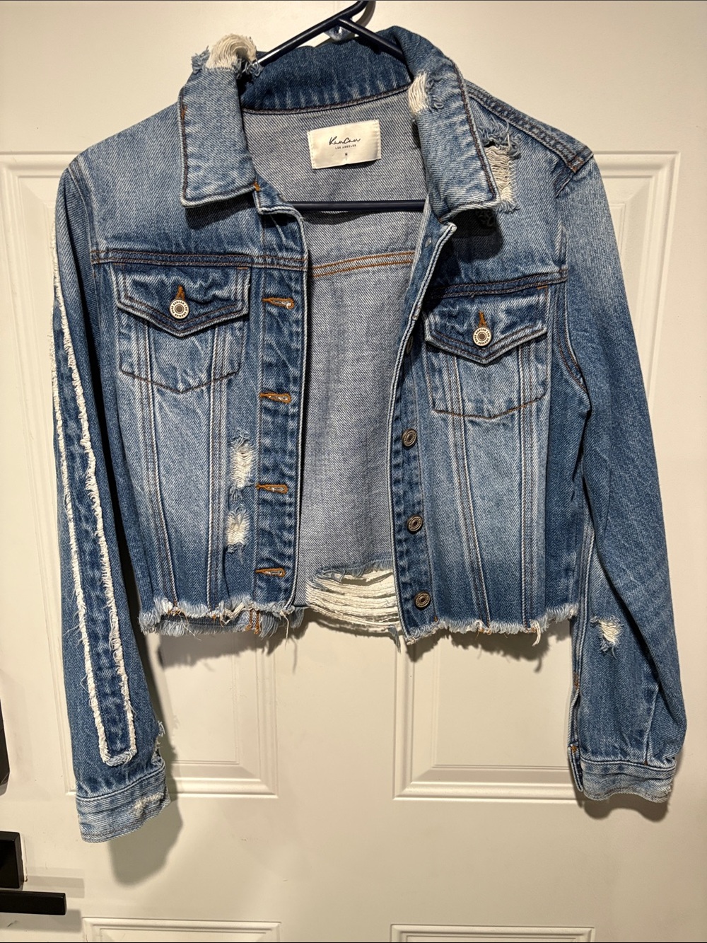 KanCan Light Blue Distressed Cropped Denim Jacket